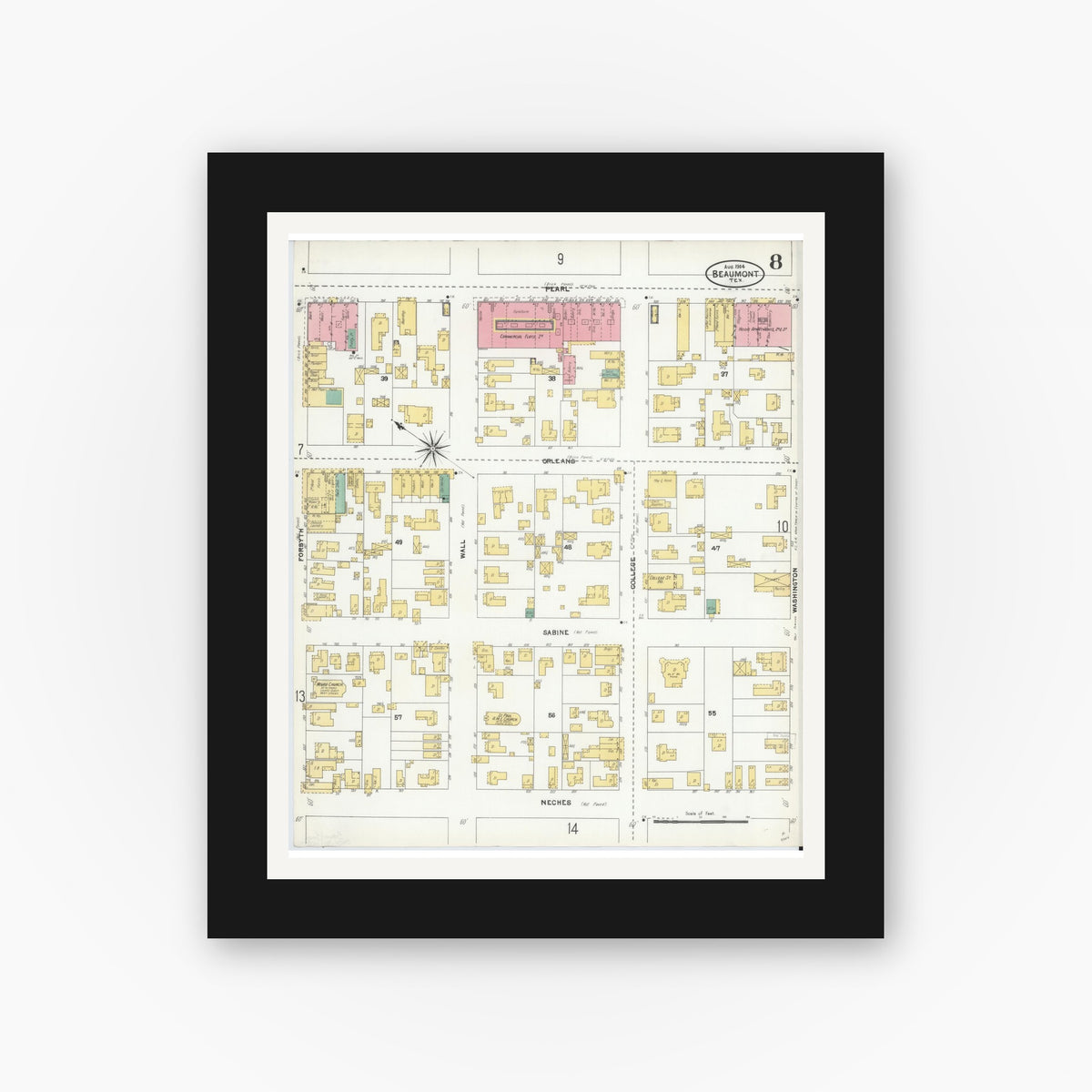 Old map wall art mockup — black gallery frame with white mat — Sanborn Fire Insurance Map from Beaumont, Jefferson County, Texas (1904), Sheet #0008