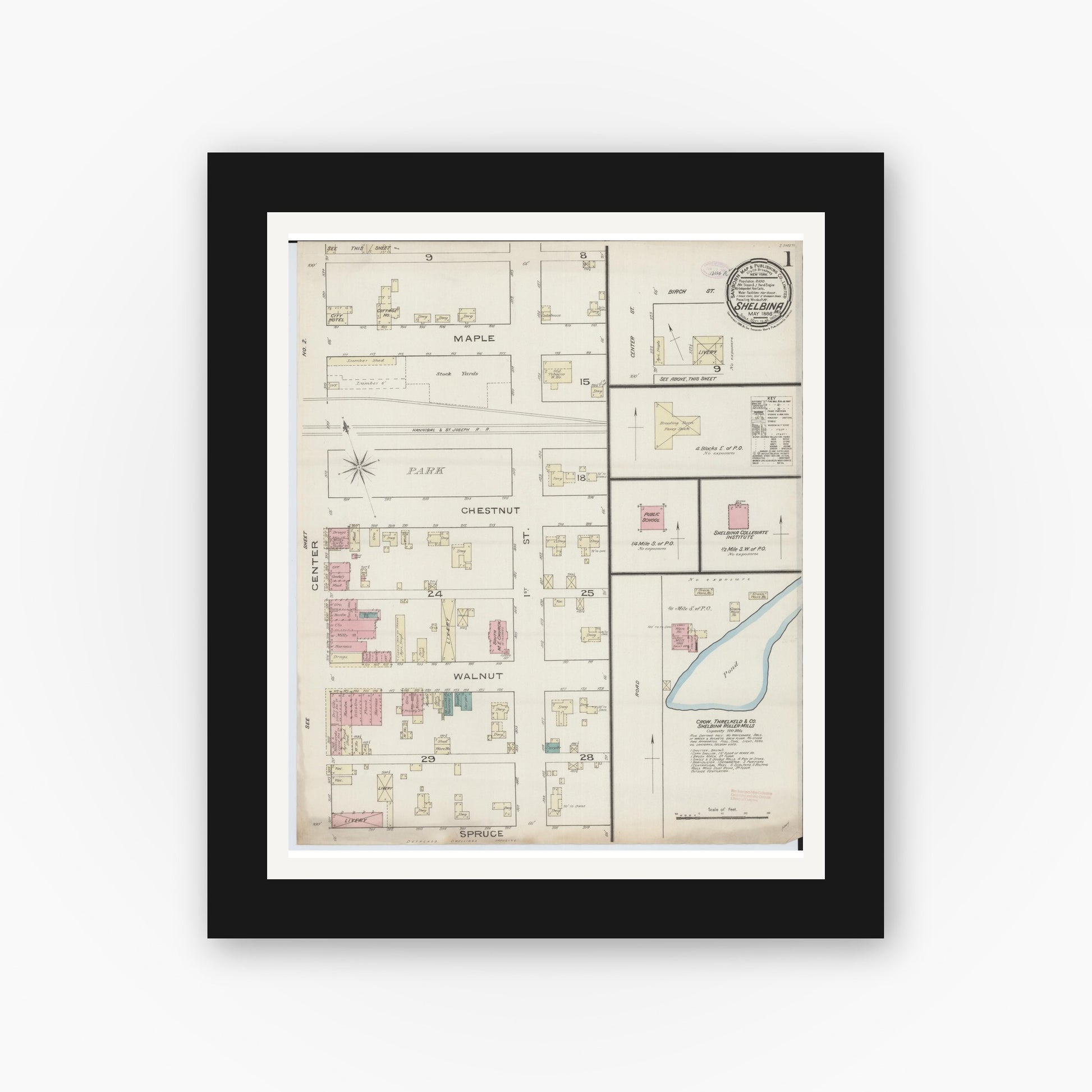 Old map wall art mockup — black gallery frame with white mat — Sanborn Fire Insurance Map from Shelbina, Shelby County, Missouri (1886), Sheet #0001