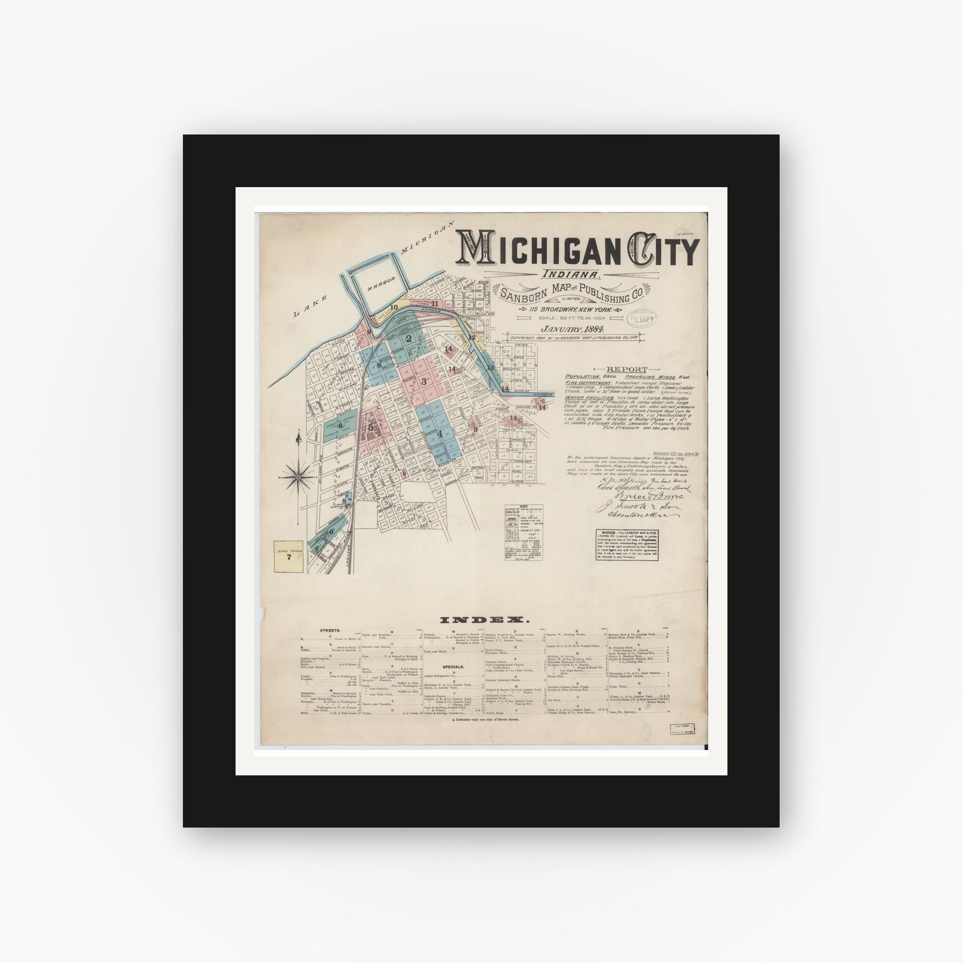 Old map wall art mockup — black gallery frame with white mat — Sanborn Fire Insurance Map from Michigan City, La Porte  County, Indiana (1884) - Complete Map Set