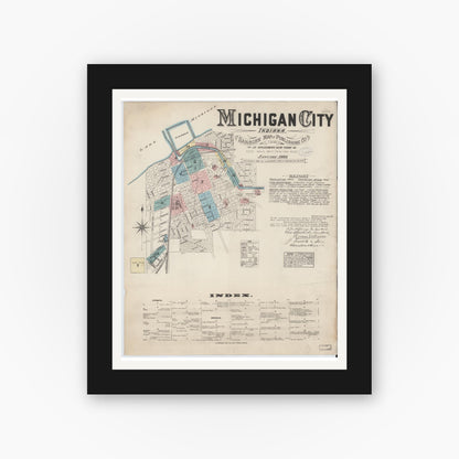 Old map wall art mockup — black gallery frame with white mat — Sanborn Fire Insurance Map from Michigan City, La Porte  County, Indiana (1884) - Complete Map Set