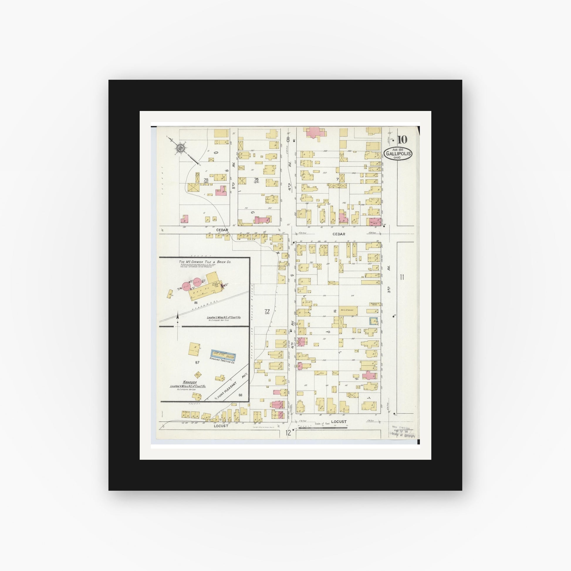 Old map wall art mockup — black gallery frame with white mat — Sanborn Fire Insurance Map from Gallipolis, Gallia County, Ohio (1916), Sheet #0010