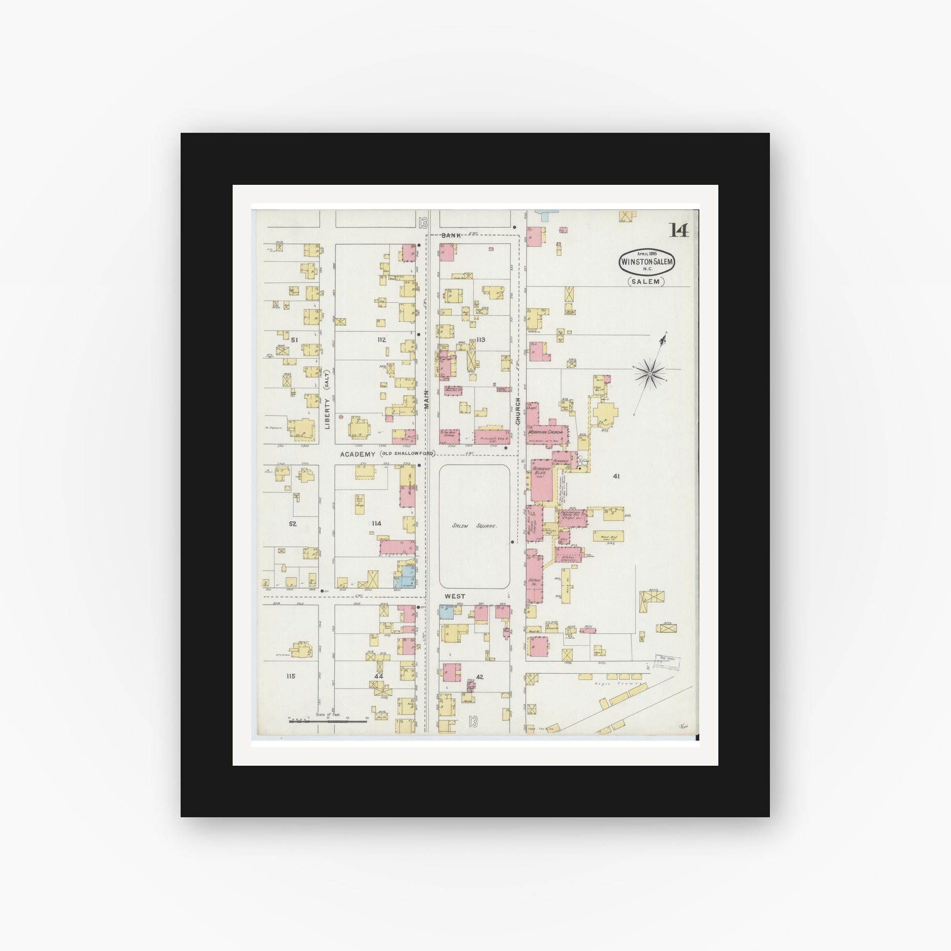 Old map wall art mockup — black gallery frame with white mat — Sanborn Fire Insurance Map from Winston-Salem, Forsyth County, North Carolina (1895), Sheet #0014