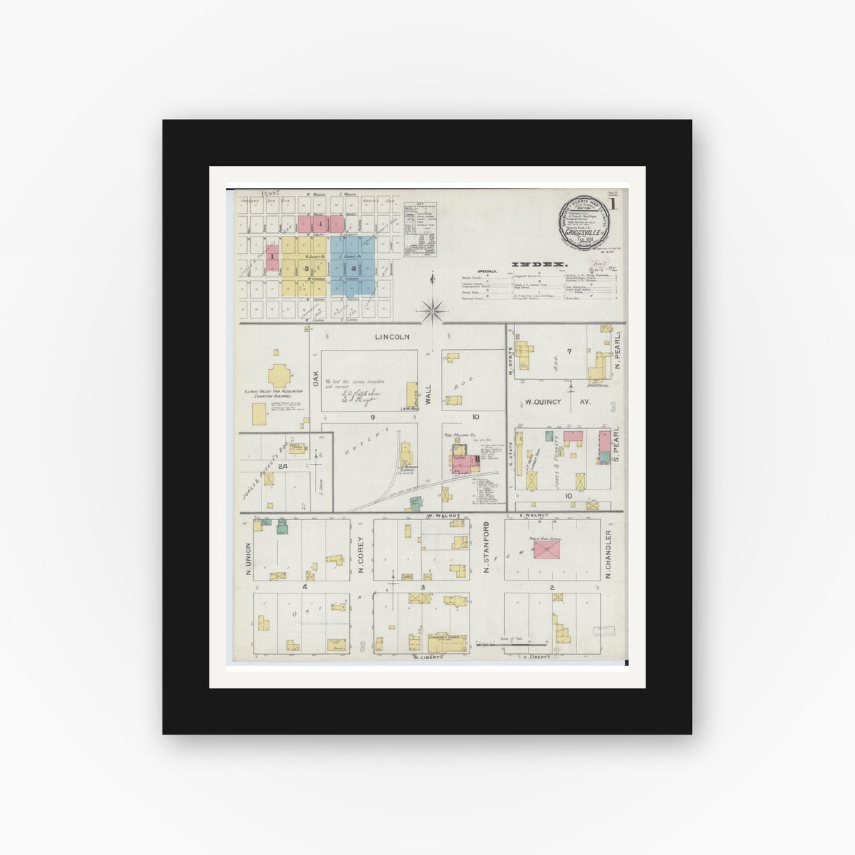 Old map wall art mockup — black gallery frame with white mat — Sanborn Fire Insurance Map from Griggsville, Pike County, Illinois (1894) - Complete Map Set