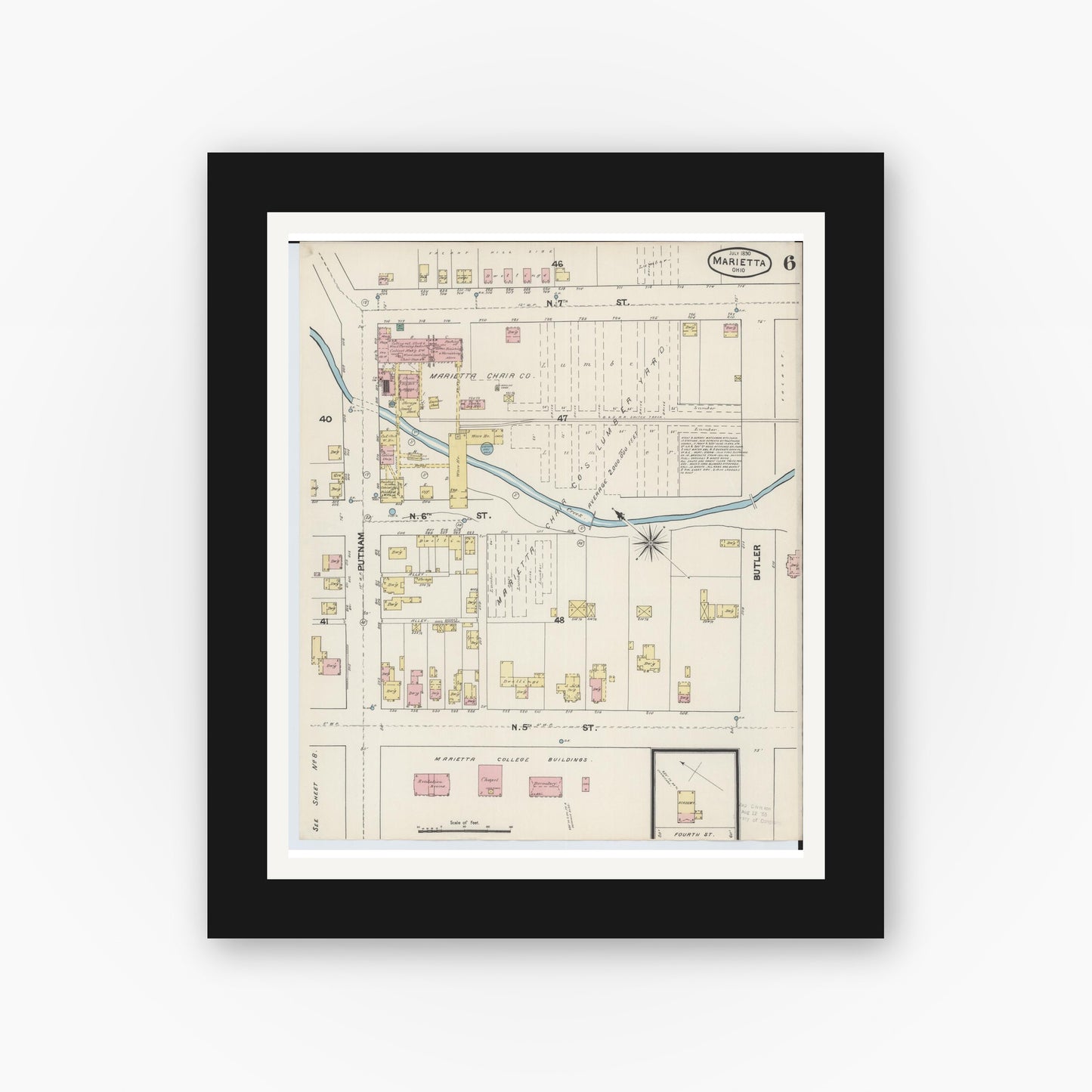 Old map wall art mockup — black gallery frame with white mat — Sanborn Fire Insurance Map from Marietta, Washington County, Ohio (1890), Sheet #0006