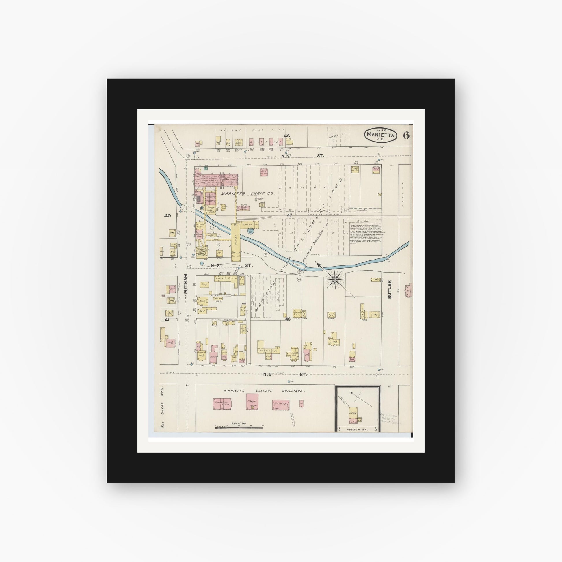 Old map wall art mockup — black gallery frame with white mat — Sanborn Fire Insurance Map from Marietta, Washington County, Ohio (1890), Sheet #0006