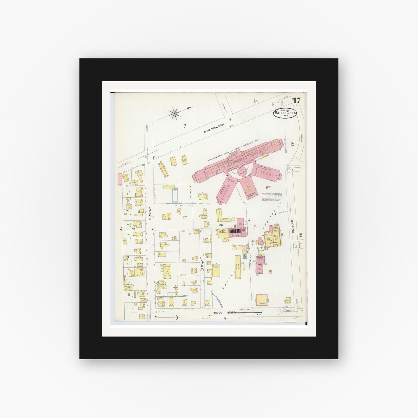 Old map wall art mockup — black gallery frame with white mat — Sanborn Fire Insurance Map from Battle Creek, Calhoun County, Michigan (1907), Sheet #0017