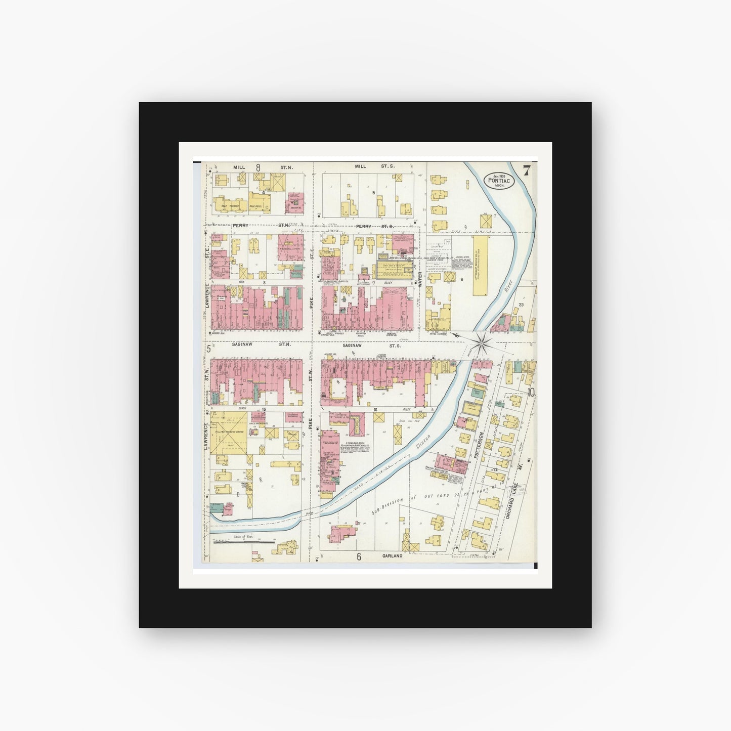 Old map wall art mockup — black gallery frame with white mat — Sanborn Fire Insurance Map from Pontiac, Oakland County, Michigan (1903), Sheet #0007