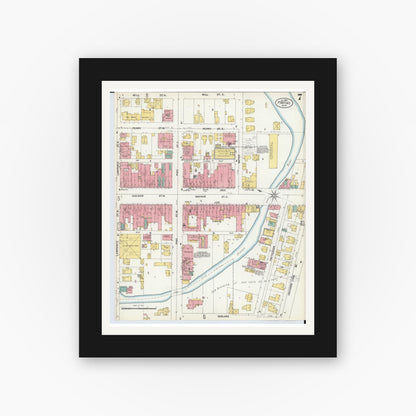 Old map wall art mockup — black gallery frame with white mat — Sanborn Fire Insurance Map from Pontiac, Oakland County, Michigan (1903), Sheet #0007