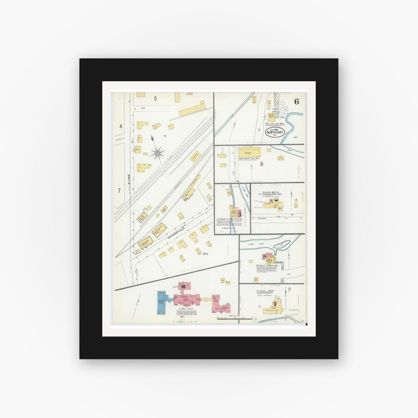 Old map wall art mockup — black gallery frame with white mat — Sanborn Fire Insurance Map from North East, Erie County, Pennsylvania (1905), Sheet #0006