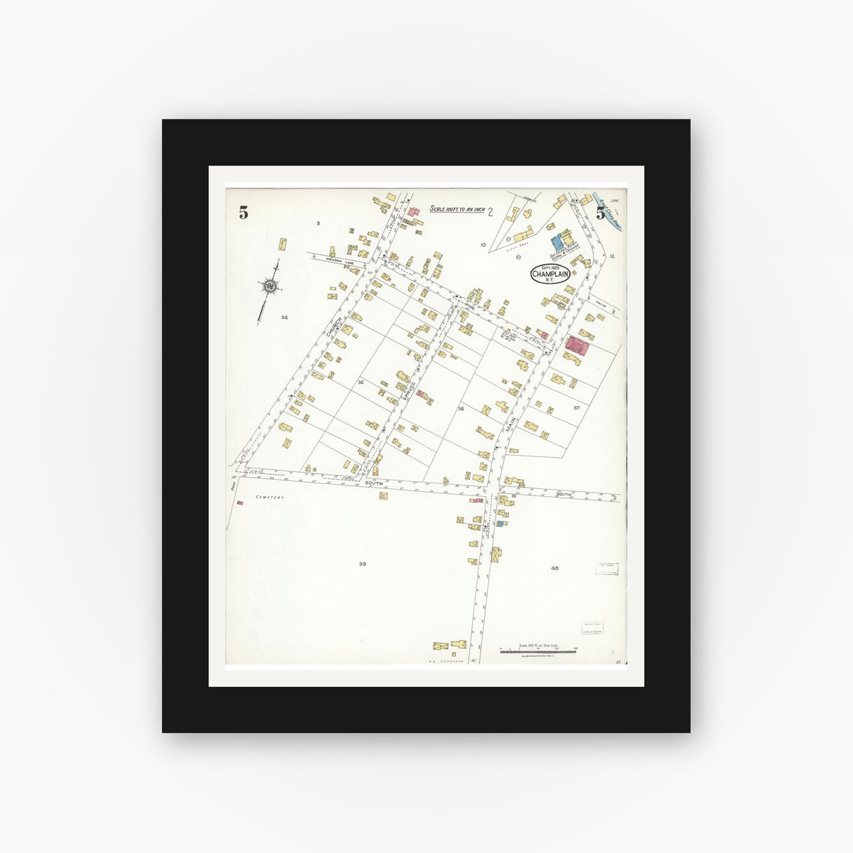 Old map wall art mockup — black gallery frame with white mat — Sanborn Fire Insurance Map from Champlain, Clinton County, New York (1923), Sheet #0005