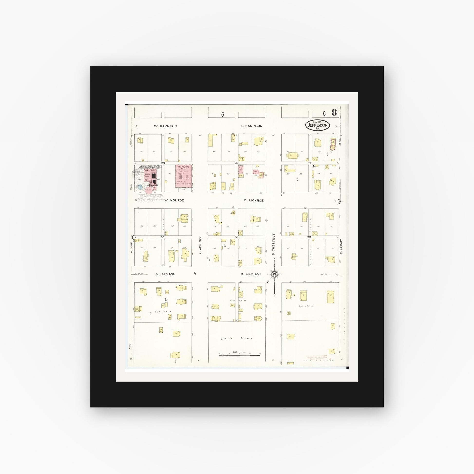 Old map wall art mockup — black gallery frame with white mat — Sanborn Fire Insurance Map from Jefferson, Greene County, Iowa (1915), Sheet #0008