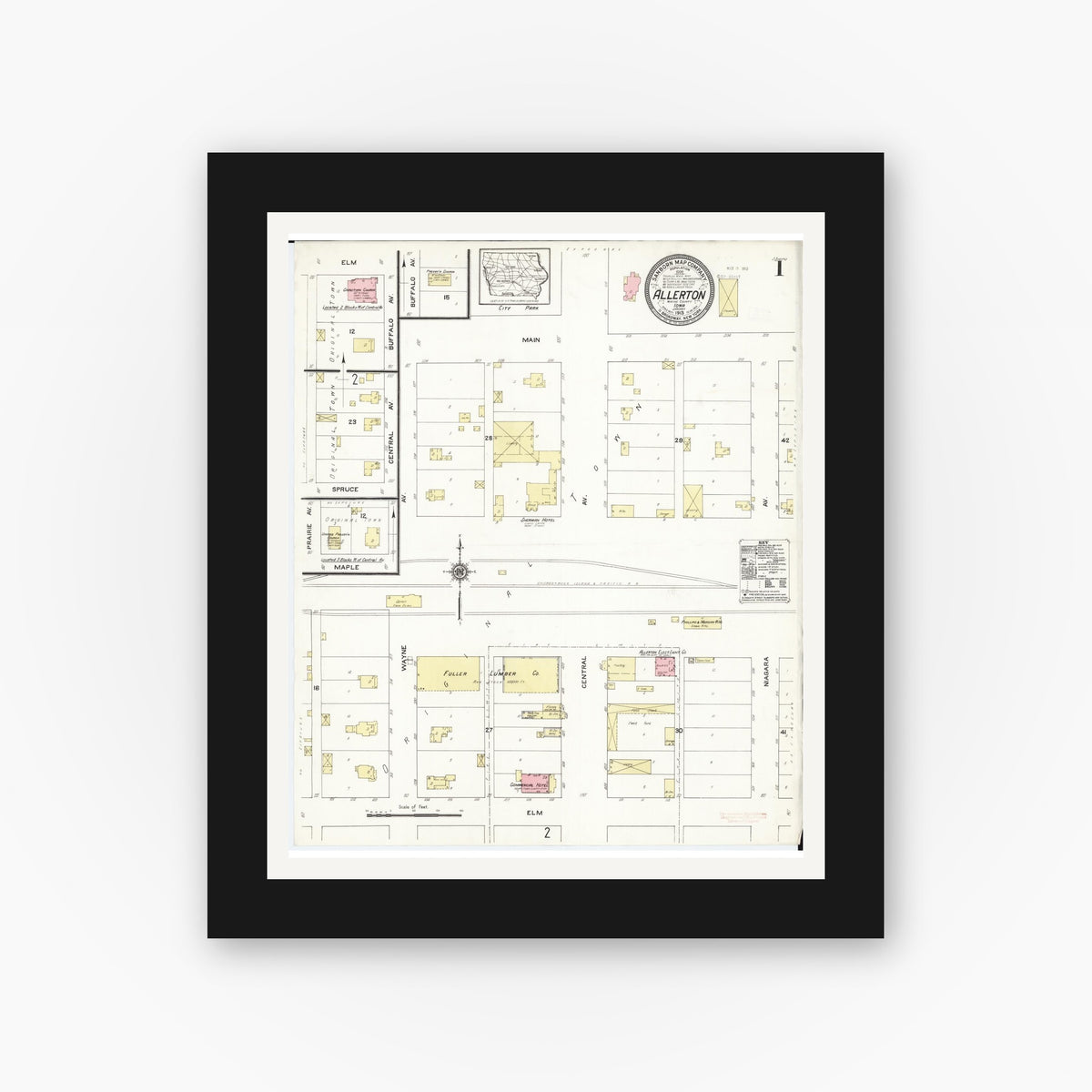 Old map wall art mockup — black gallery frame with white mat — Sanborn Fire Insurance Map from Allerton, Wayne County, Iowa (1913), Sheet #0001