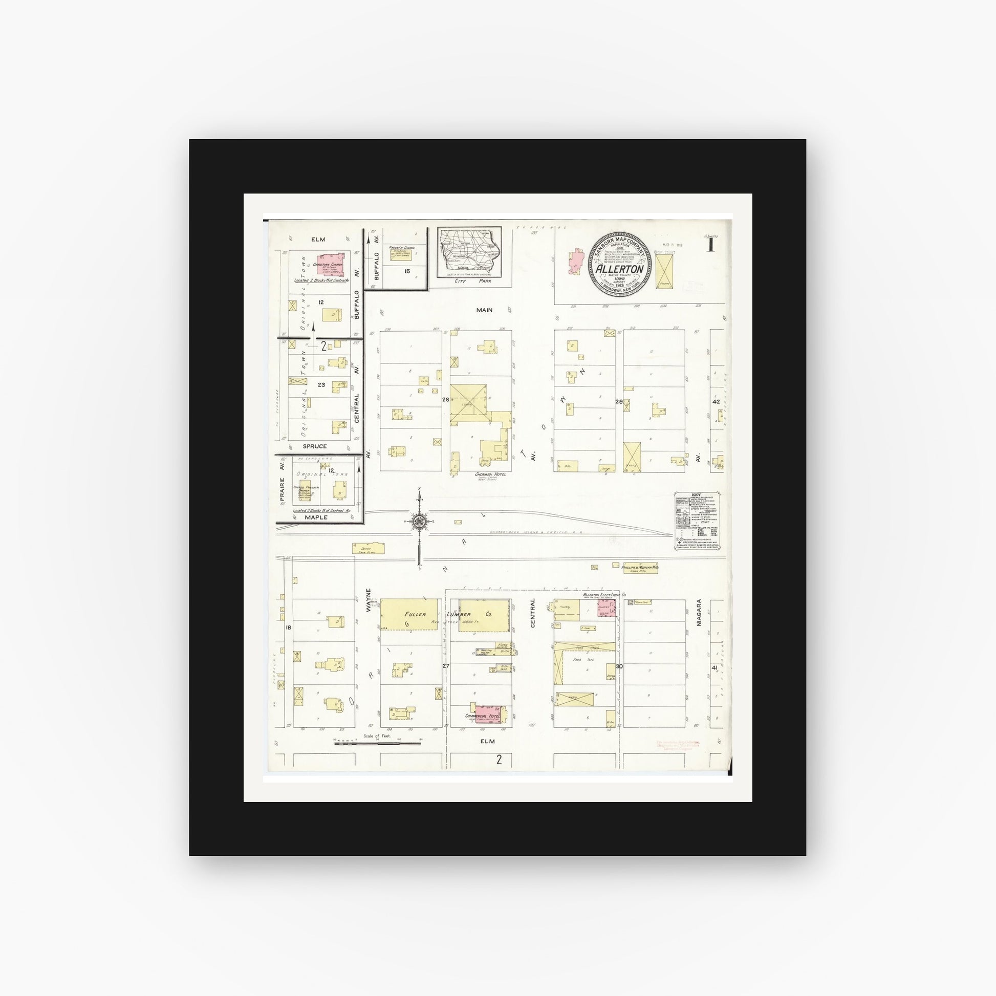 Old map wall art mockup — black gallery frame with white mat — Sanborn Fire Insurance Map from Allerton, Wayne County, Iowa (1913), Sheet #0001