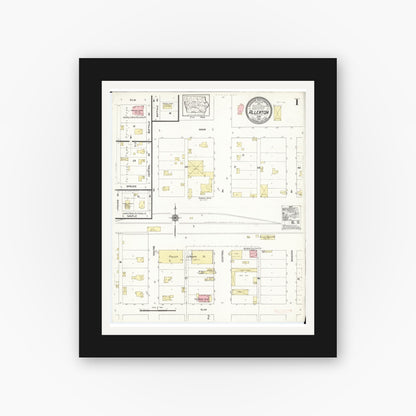 Old map wall art mockup — black gallery frame with white mat — Sanborn Fire Insurance Map from Allerton, Wayne County, Iowa (1913), Sheet #0001