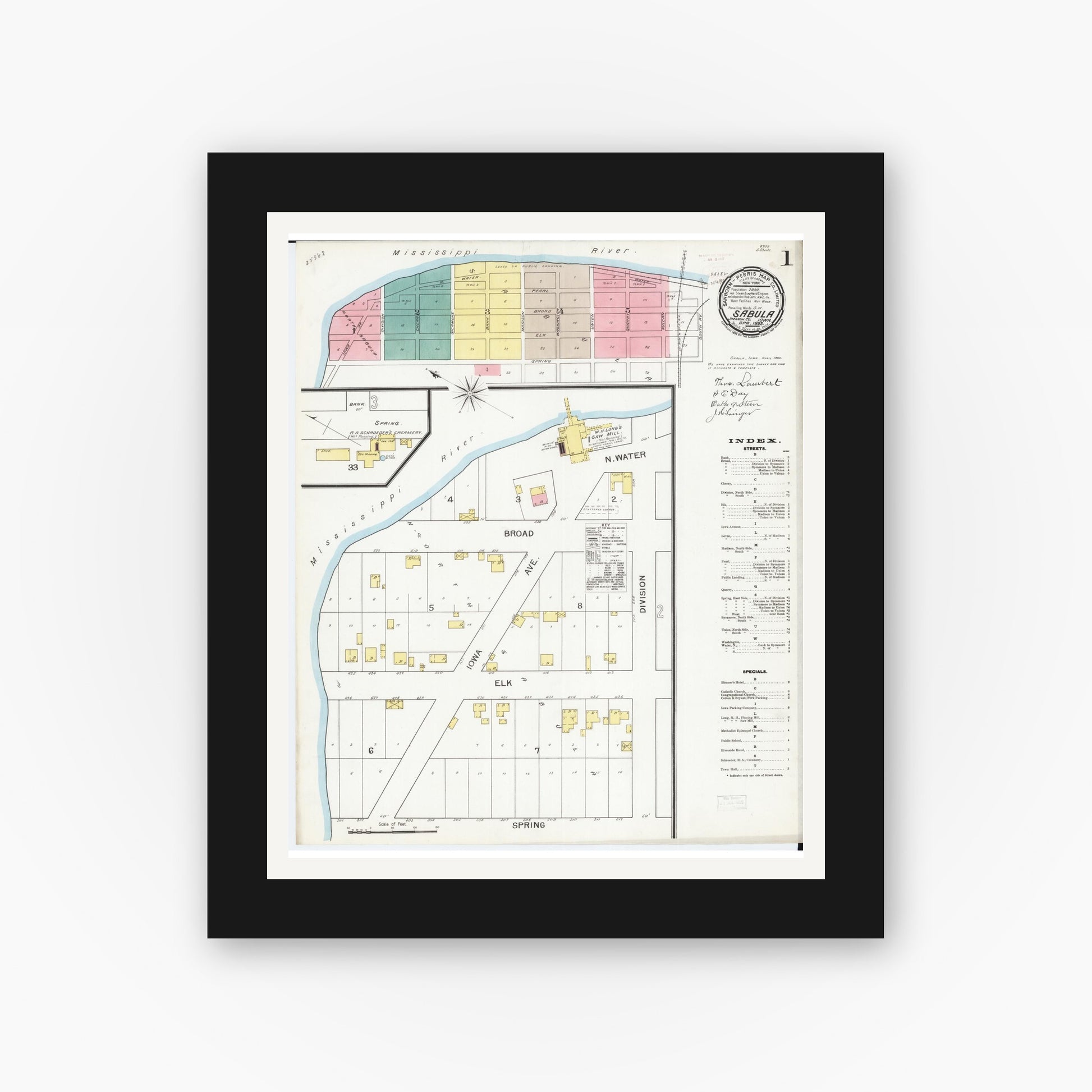 Old map wall art mockup — black gallery frame with white mat — Sanborn Fire Insurance Map from Sabula, Jackson County, Iowa (1893), Sheet #0001