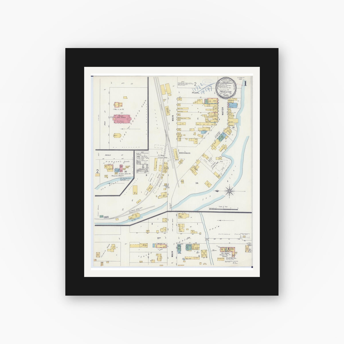 Old map wall art mockup — black gallery frame with white mat — Sanborn Fire Insurance Map from Princeton, Green Lake County, Wisconsin (1898) - Complete Map Set