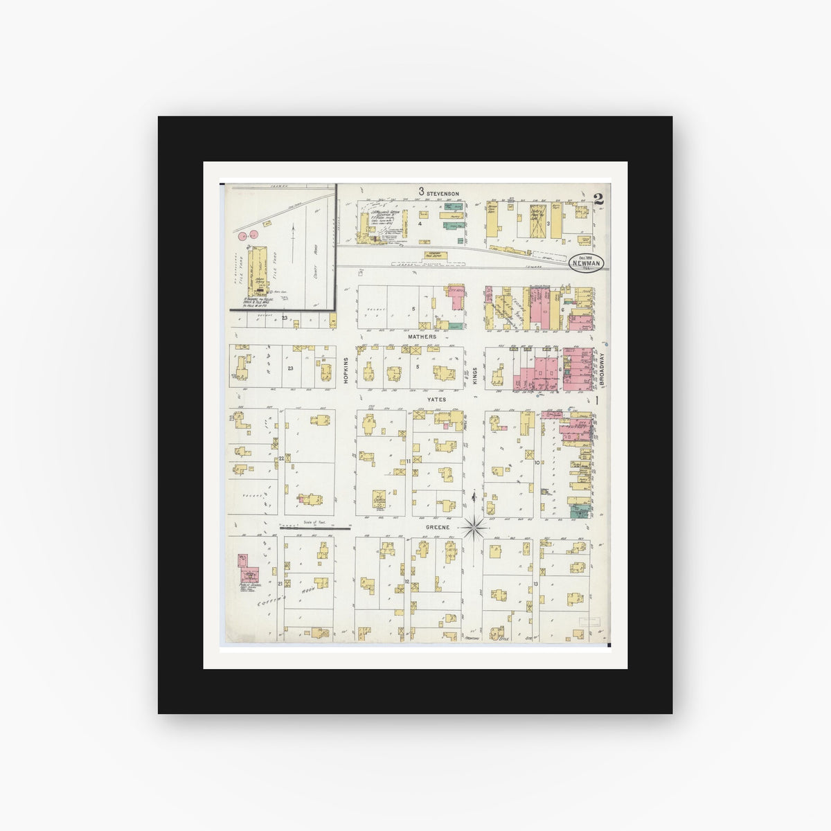 Old map wall art mockup — black gallery frame with white mat — Sanborn Fire Insurance Map from Newman, Douglas County, Illinois (1898), Sheet #0002