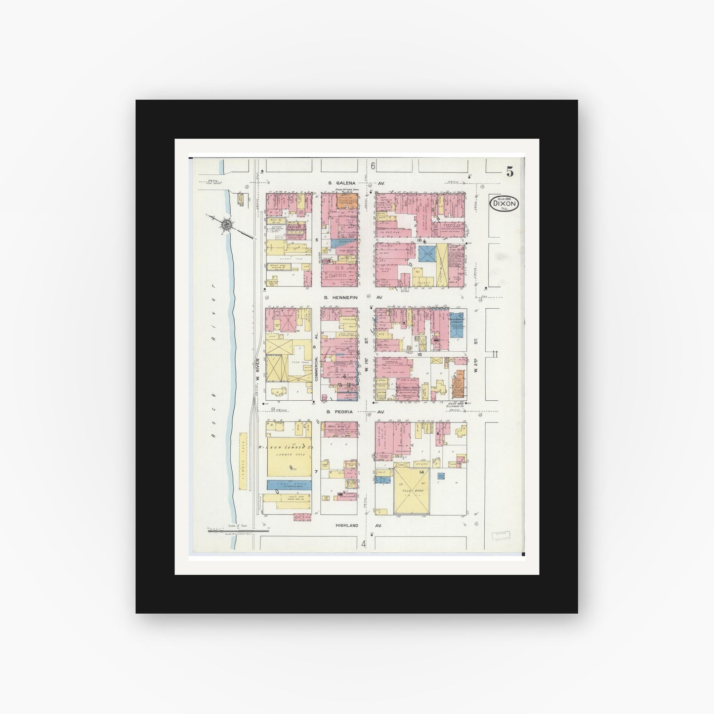 Old map wall art mockup — black gallery frame with white mat — Sanborn Fire Insurance Map from Dixon, Lee County, Illinois (1918), Sheet #0005