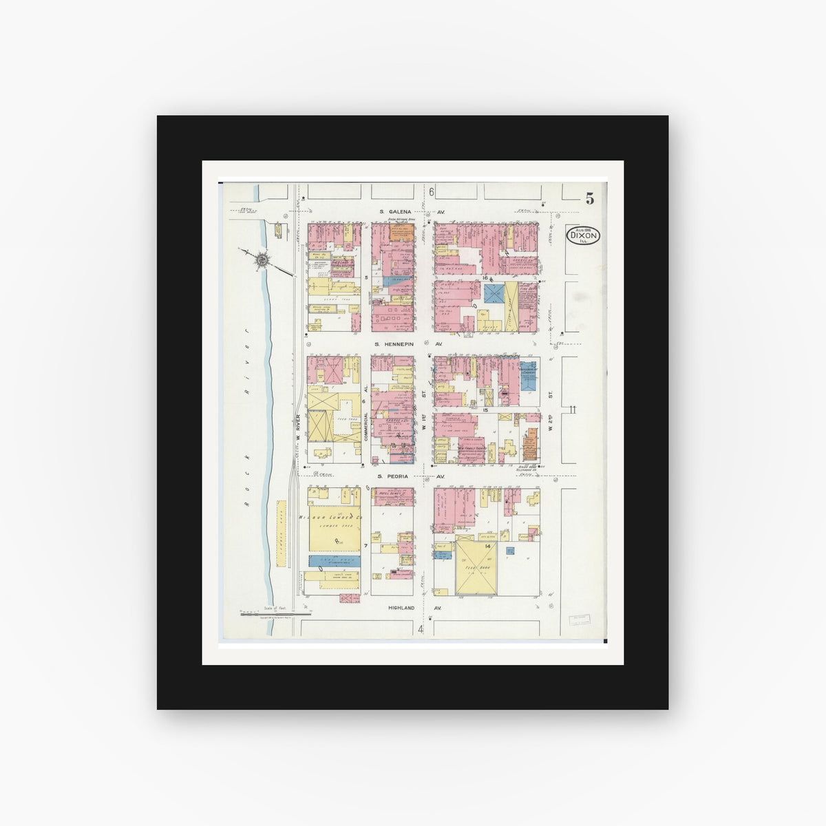 Old map wall art mockup — black gallery frame with white mat — Sanborn Fire Insurance Map from Dixon, Lee County, Illinois (1918), Sheet #0005