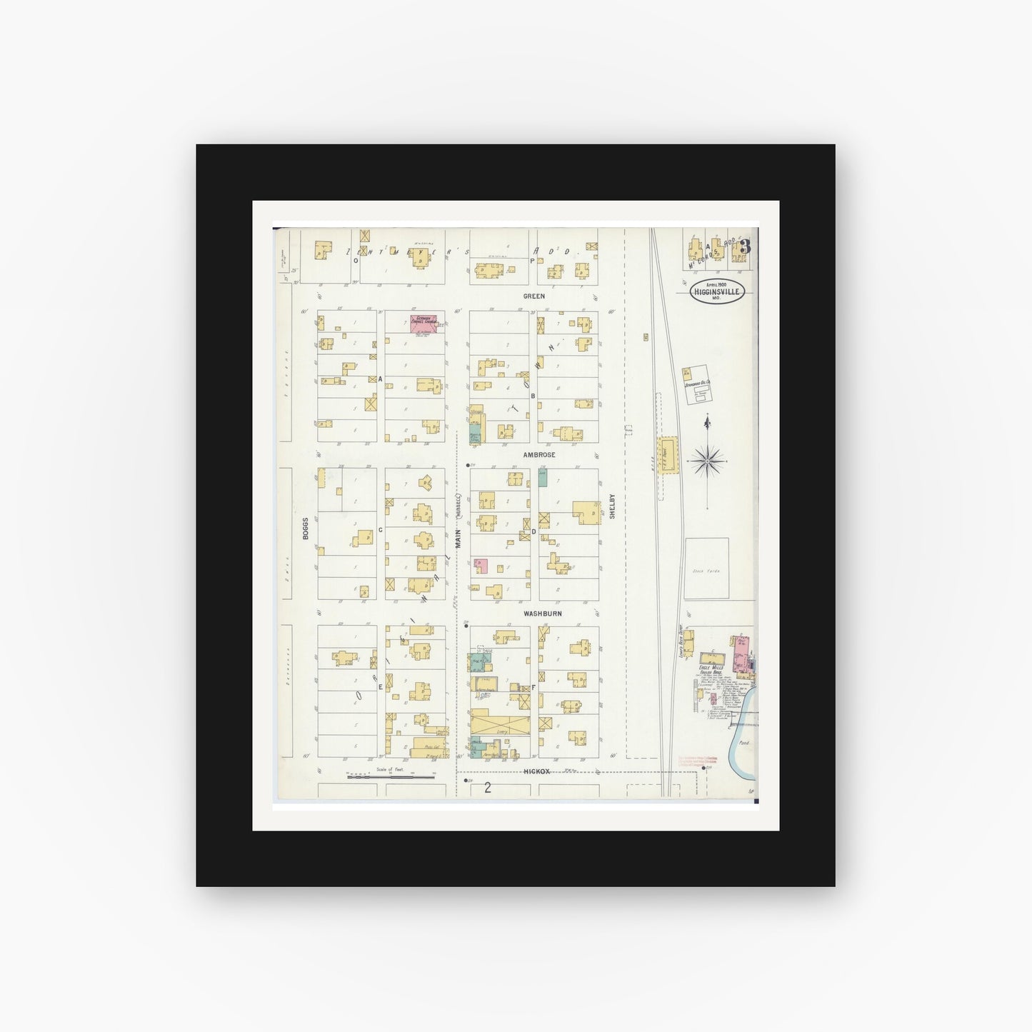 Old map wall art mockup — black gallery frame with white mat — Sanborn Fire Insurance Map from Higginsville, Lafayette County, Missouri (1900), Sheet #0003