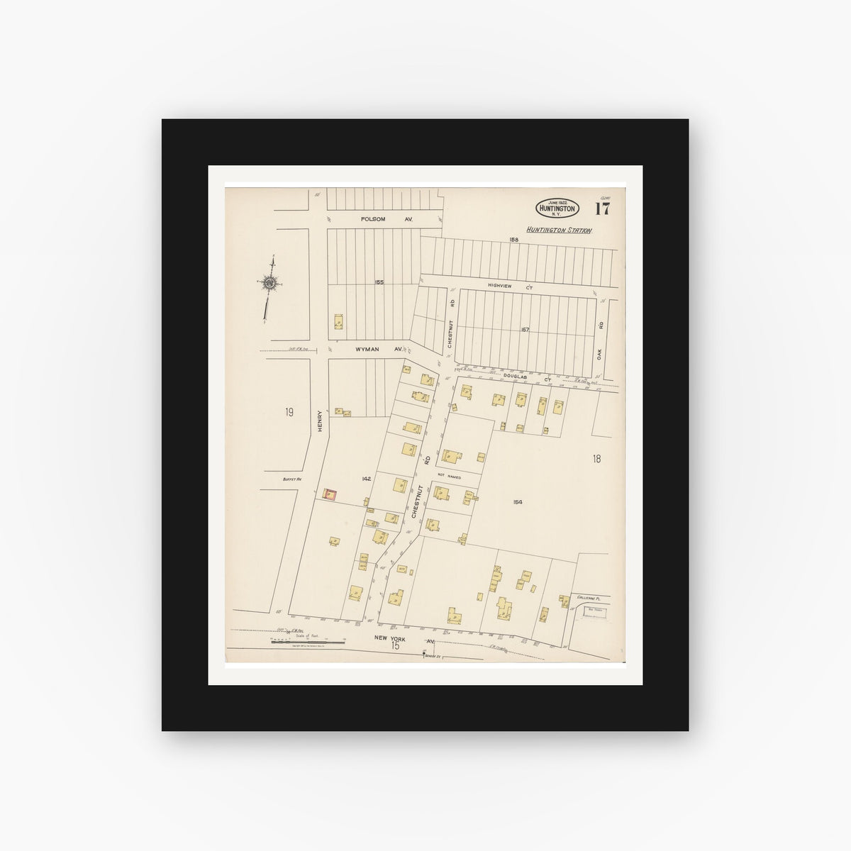 Old map wall art mockup — black gallery frame with white mat — Sanborn Fire Insurance Map from Huntington, Suffolk County, New York (1922), Sheet #0017