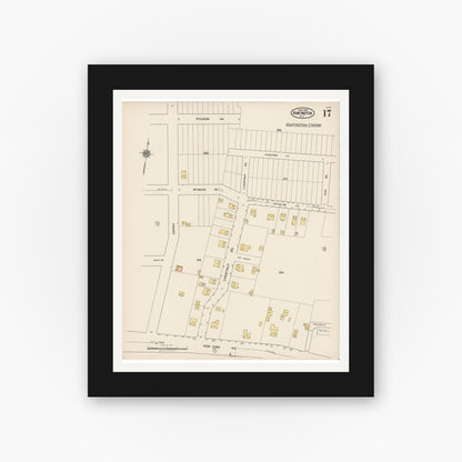 Old map wall art mockup — black gallery frame with white mat — Sanborn Fire Insurance Map from Huntington, Suffolk County, New York (1922), Sheet #0017