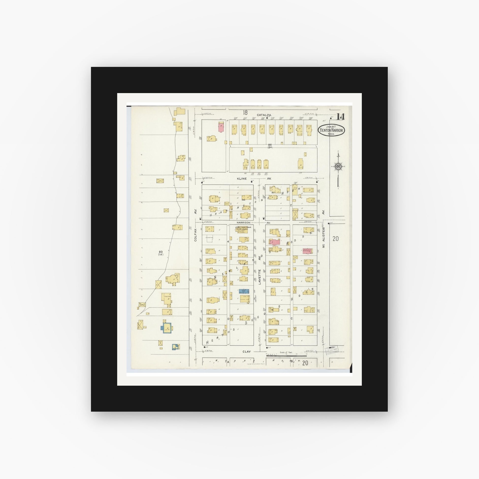 Old map wall art mockup — black gallery frame with white mat — Sanborn Fire Insurance Map from Benton Harbor, Berrien County, Michigan (1917), Sheet #0014