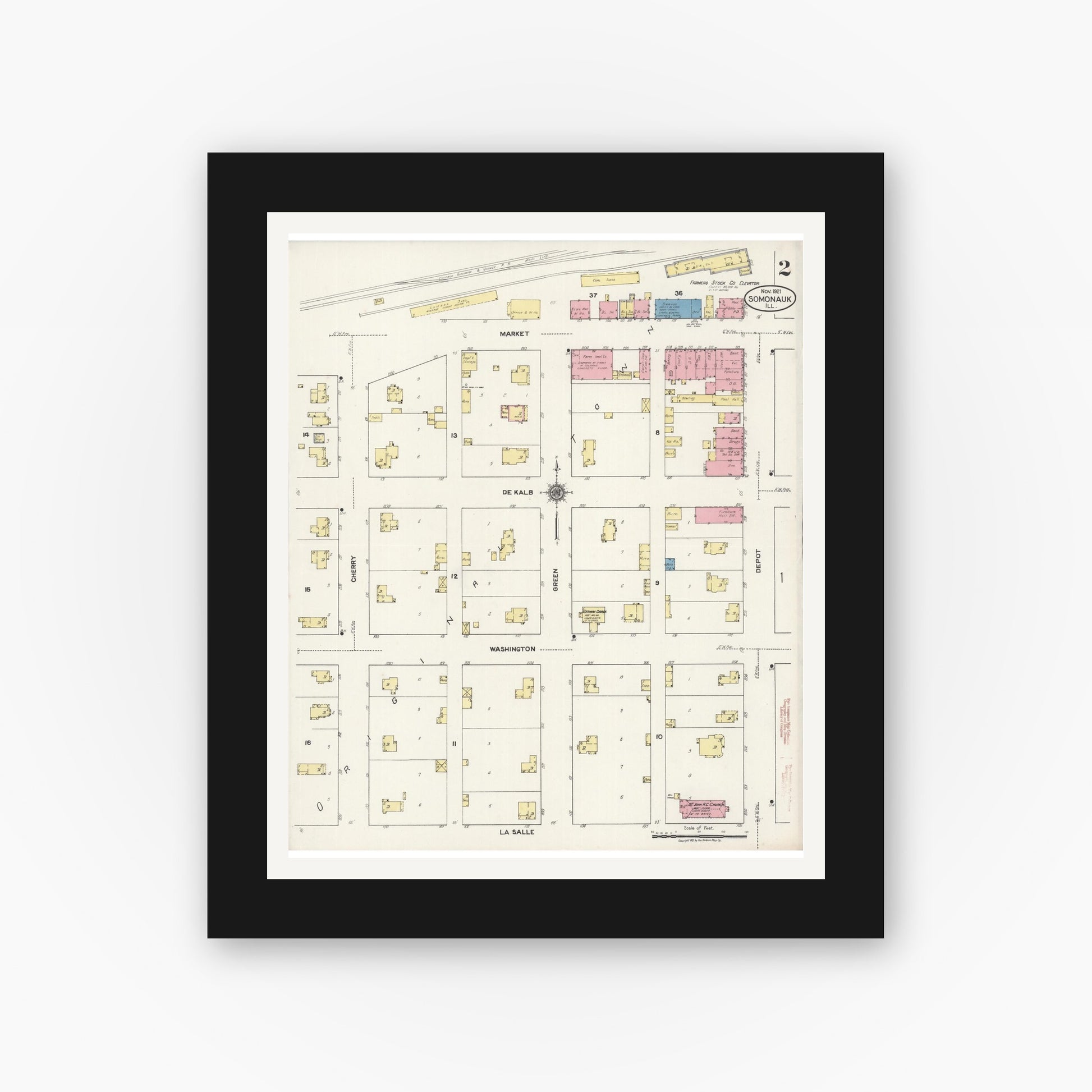 Old map wall art mockup — black gallery frame with white mat — Sanborn Fire Insurance Map from Somonauk, De Kalb County, Illinois (1921), Sheet #0002
