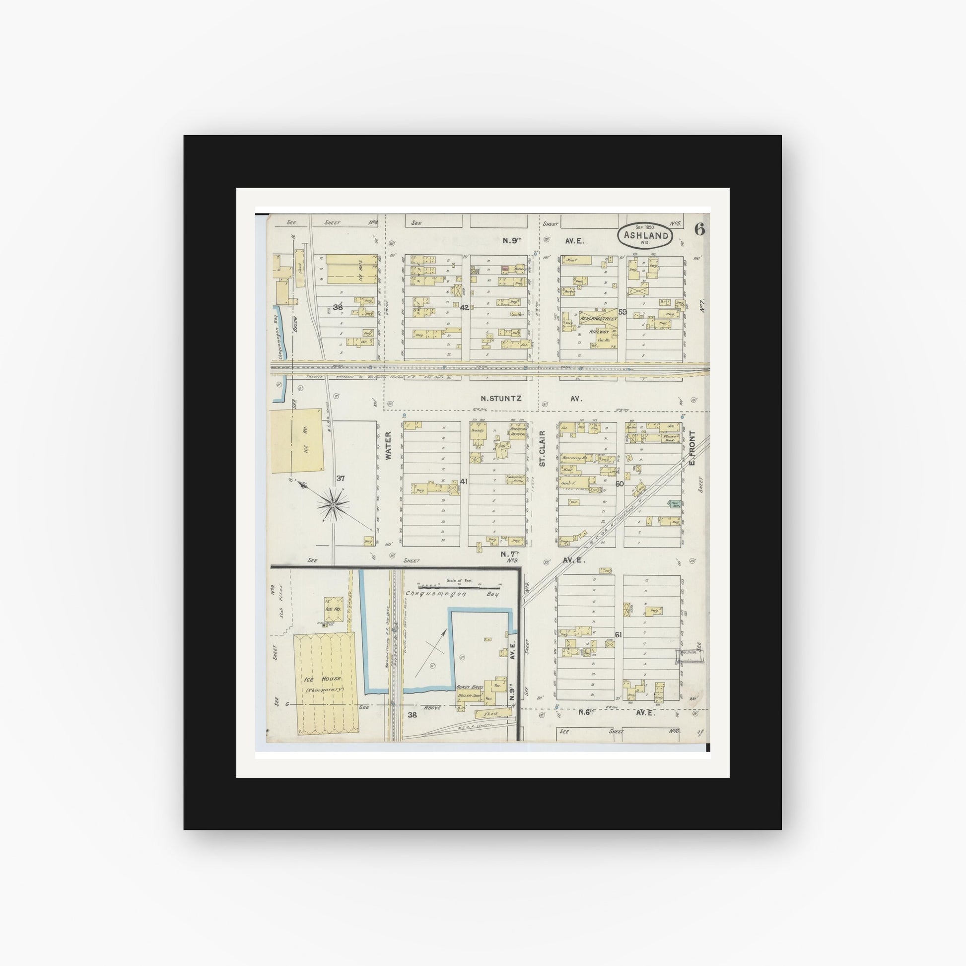 Old map wall art mockup — black gallery frame with white mat — Sanborn Fire Insurance Map from Ashland, Ashland County, Wisconsin (1890), Sheet #0006