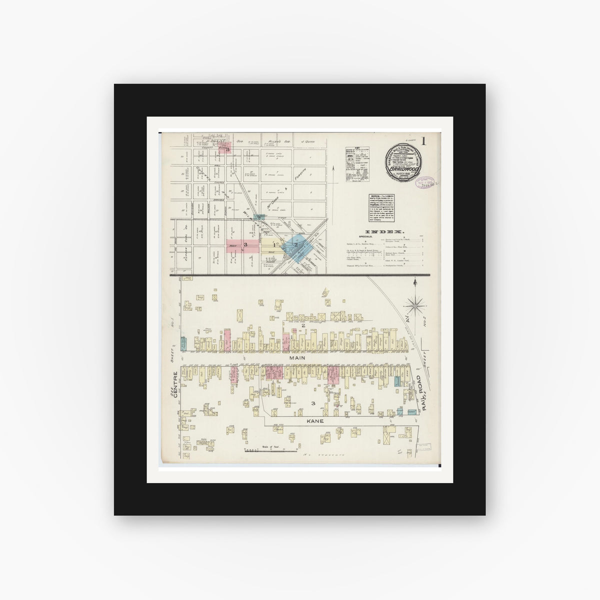 Old map wall art mockup — black gallery frame with white mat — Sanborn Fire Insurance Map from Braidwood, Will County, Illinois (1885) - Complete Map Set