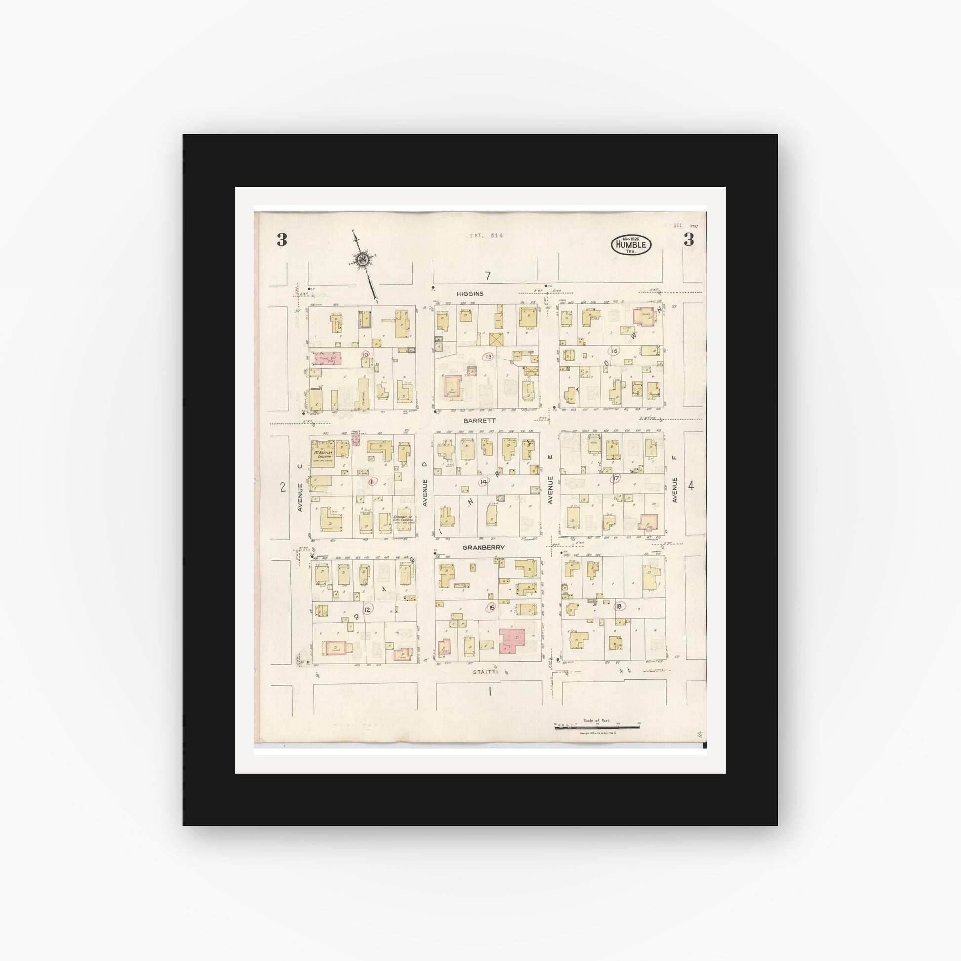 Old map wall art mockup — black gallery frame with white mat — Sanborn Fire Insurance Map from Humble, Harris County, Texas (1940), Sheet #0003