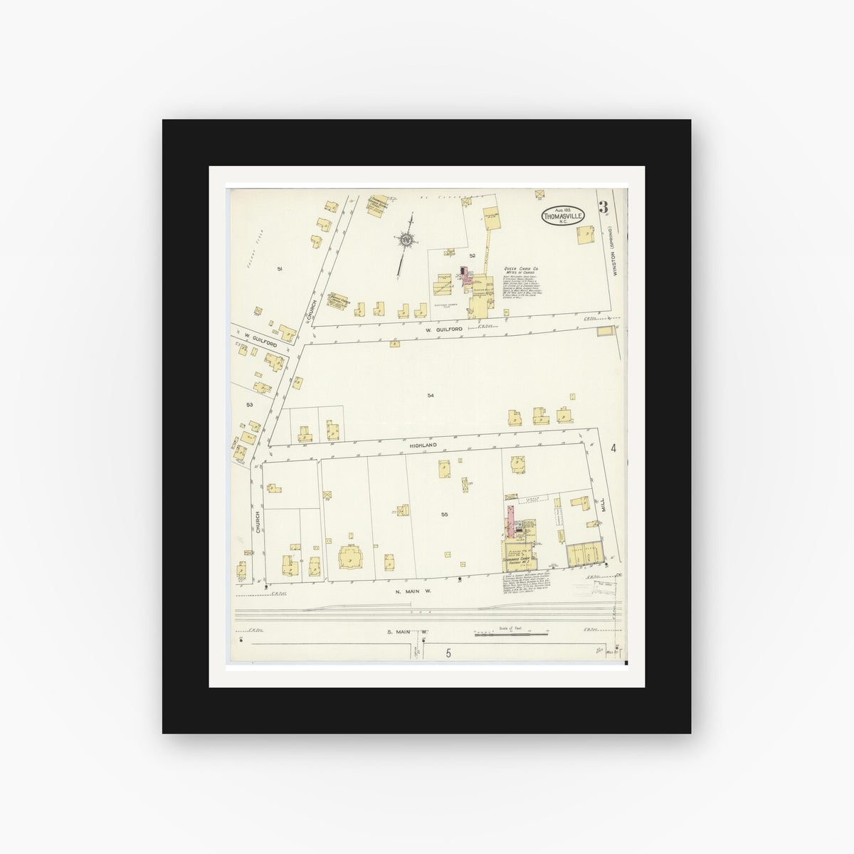 Old map wall art mockup — black gallery frame with white mat — Sanborn Fire Insurance Map from Thomasville, Davidson County, North Carolina (1913), Sheet #0003