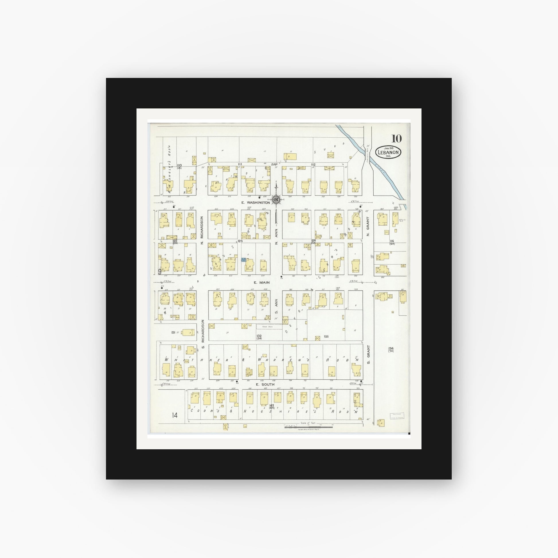 Old map wall art mockup — black gallery frame with white mat — Sanborn Fire Insurance Map from Lebanon, Boone County, Indiana (1919), Sheet #0010
