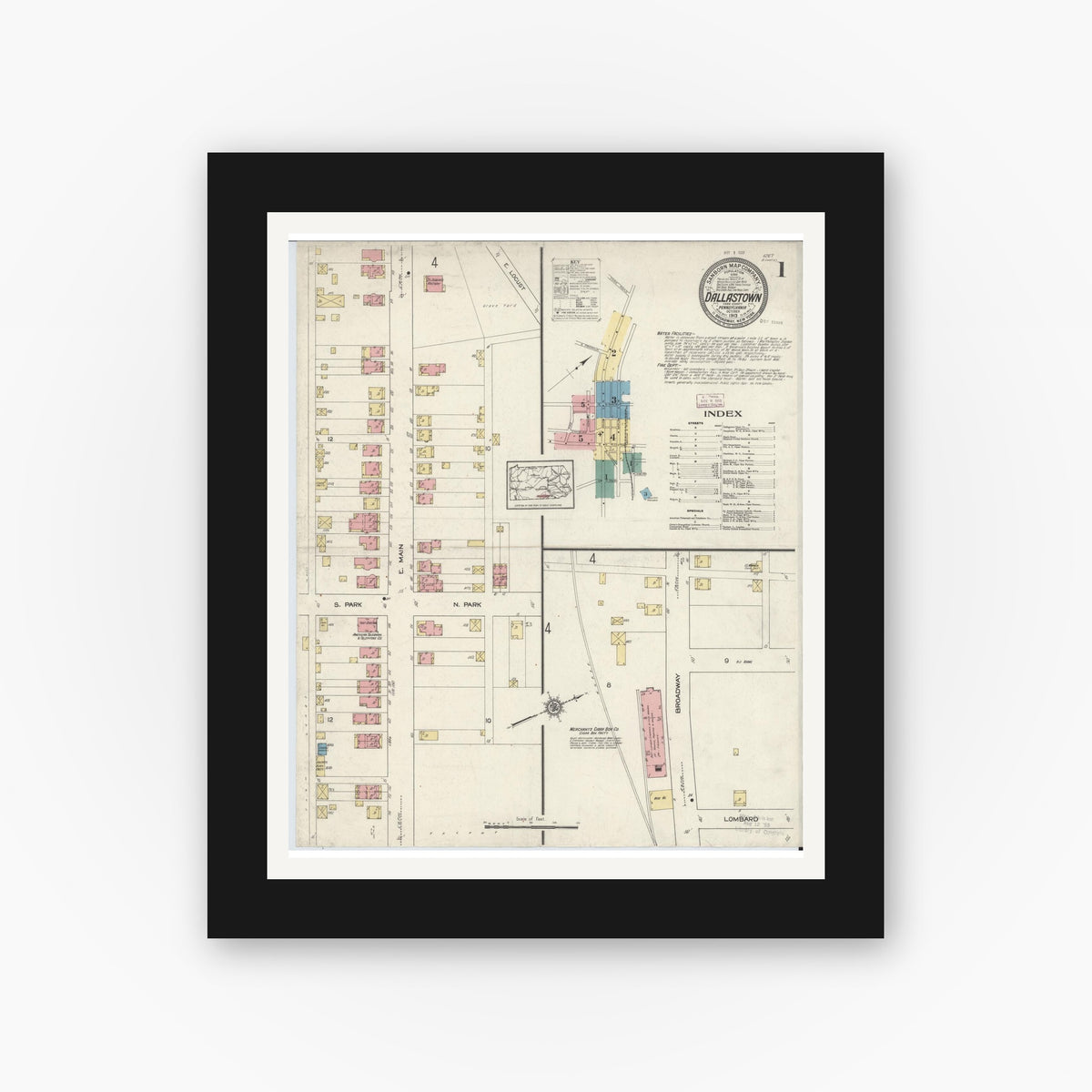 Old map wall art mockup — black gallery frame with white mat — Sanborn Fire Insurance Map from Dallastown, York County, Pennsylvania (1913) - Complete Map Set