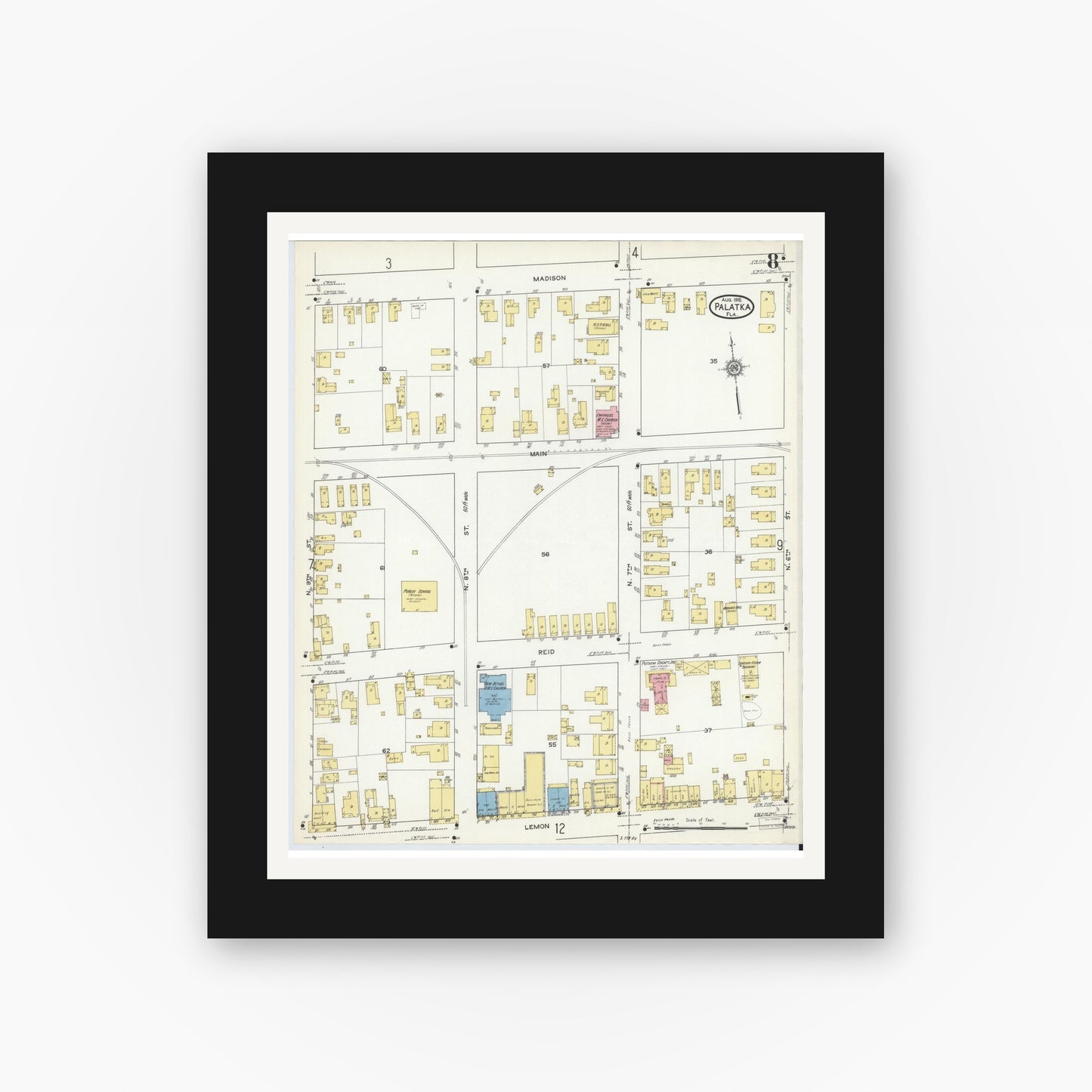 Old map wall art mockup — black gallery frame with white mat — Sanborn Fire Insurance Map from Palatka, Putnam County, Florida (1915), Sheet #0008
