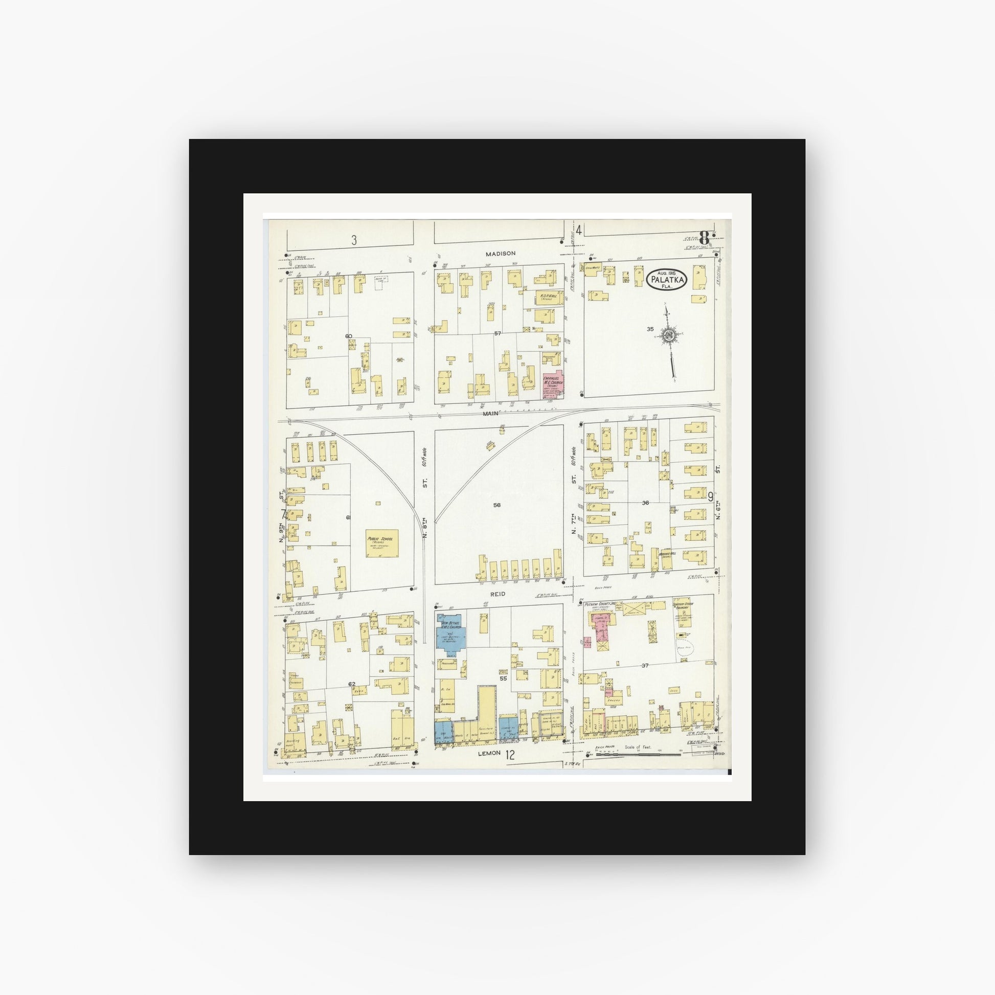 Old map wall art mockup — black gallery frame with white mat — Sanborn Fire Insurance Map from Palatka, Putnam County, Florida (1915), Sheet #0008