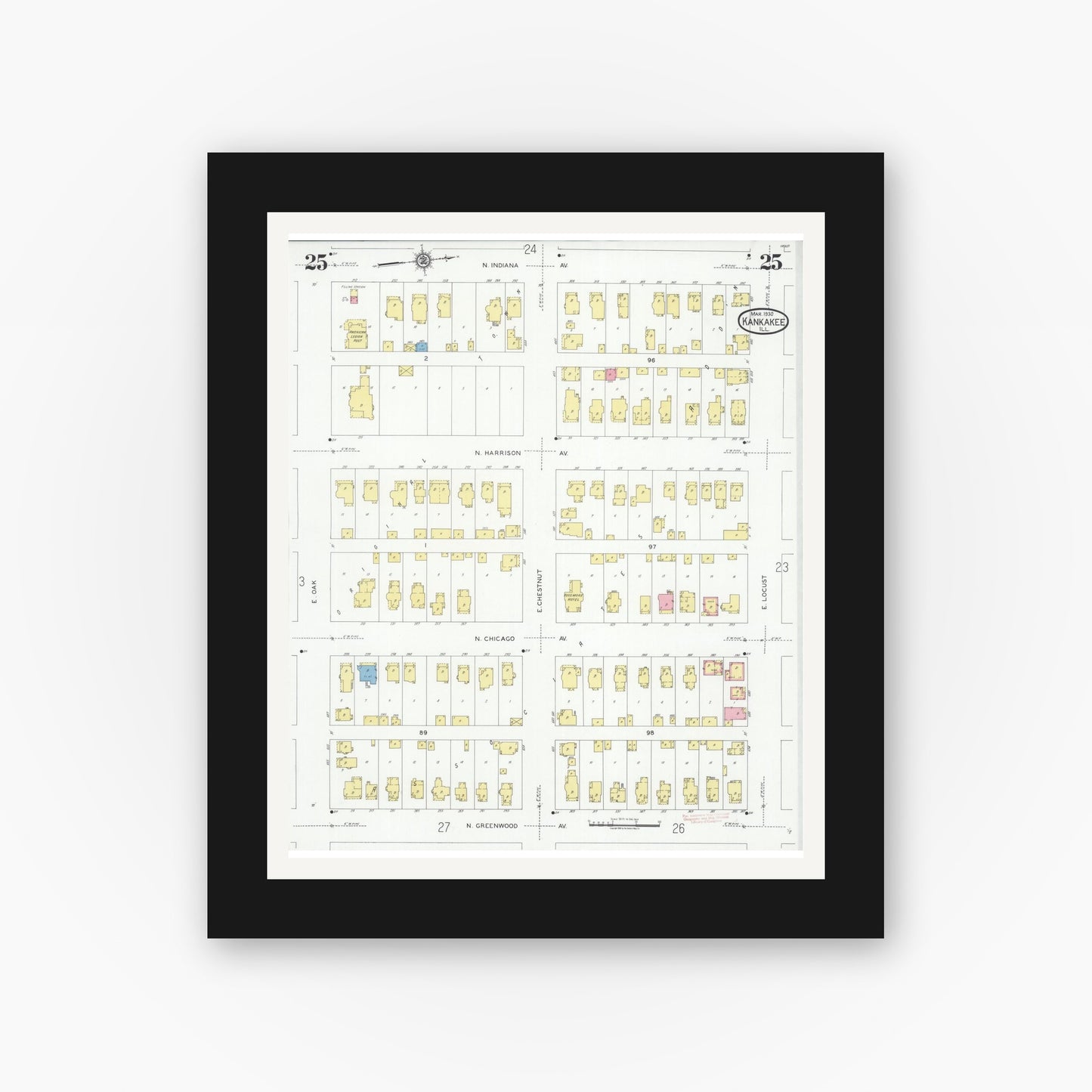 Old map wall art mockup — black gallery frame with white mat — Sanborn Fire Insurance Map from Kankakee, Kankakee County, Illinois (1930), Sheet #0025