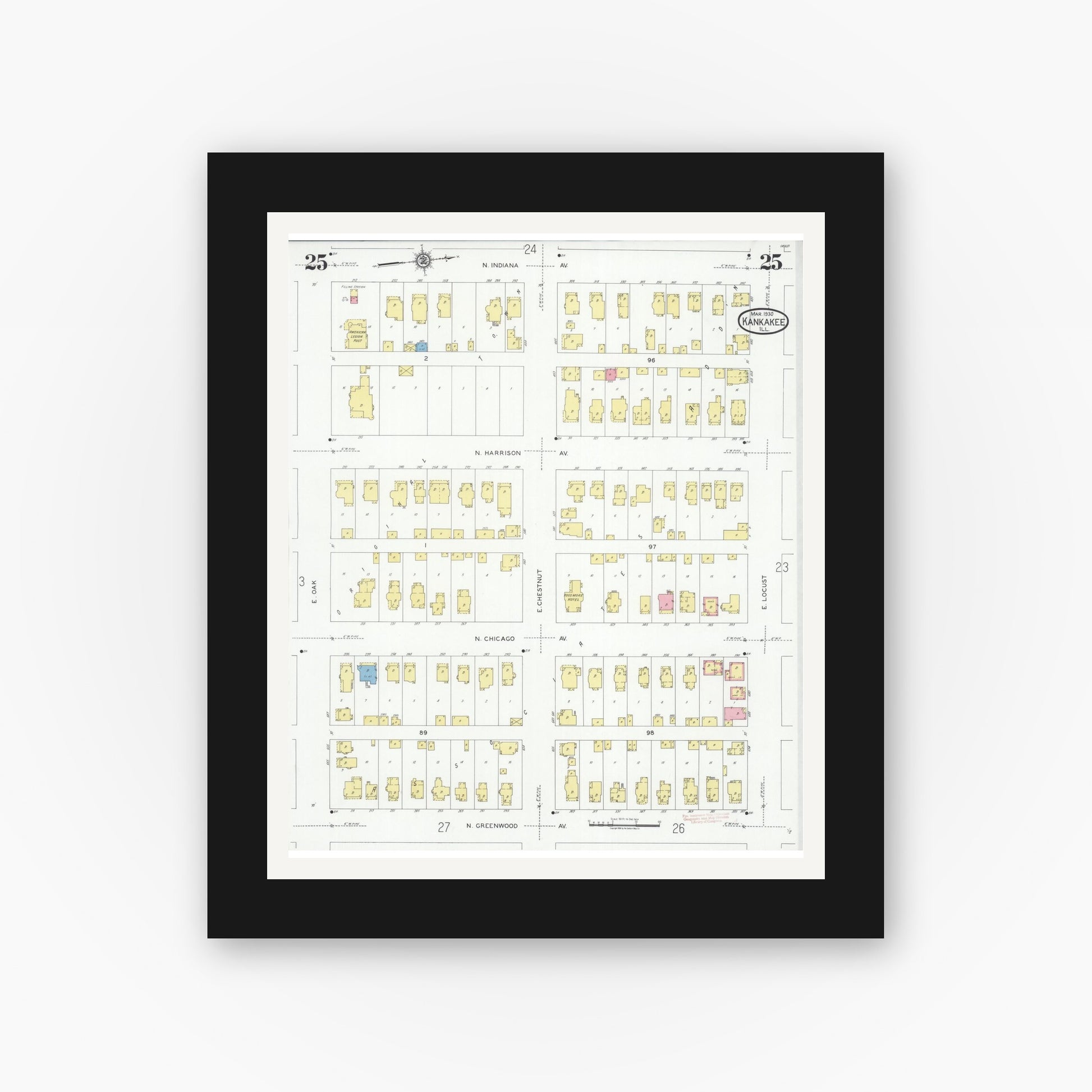 Old map wall art mockup — black gallery frame with white mat — Sanborn Fire Insurance Map from Kankakee, Kankakee County, Illinois (1930), Sheet #0025