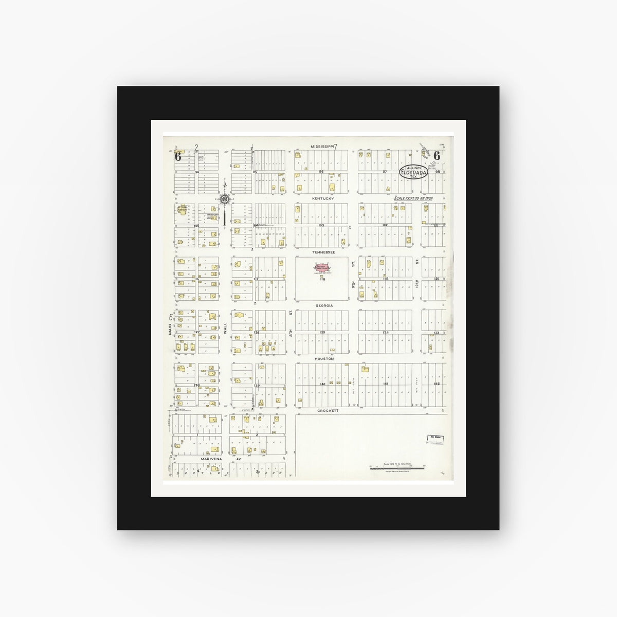 Old map wall art mockup — black gallery frame with white mat — Sanborn Fire Insurance Map from Floydada, Floyd County, Texas (1925), Sheet #0006
