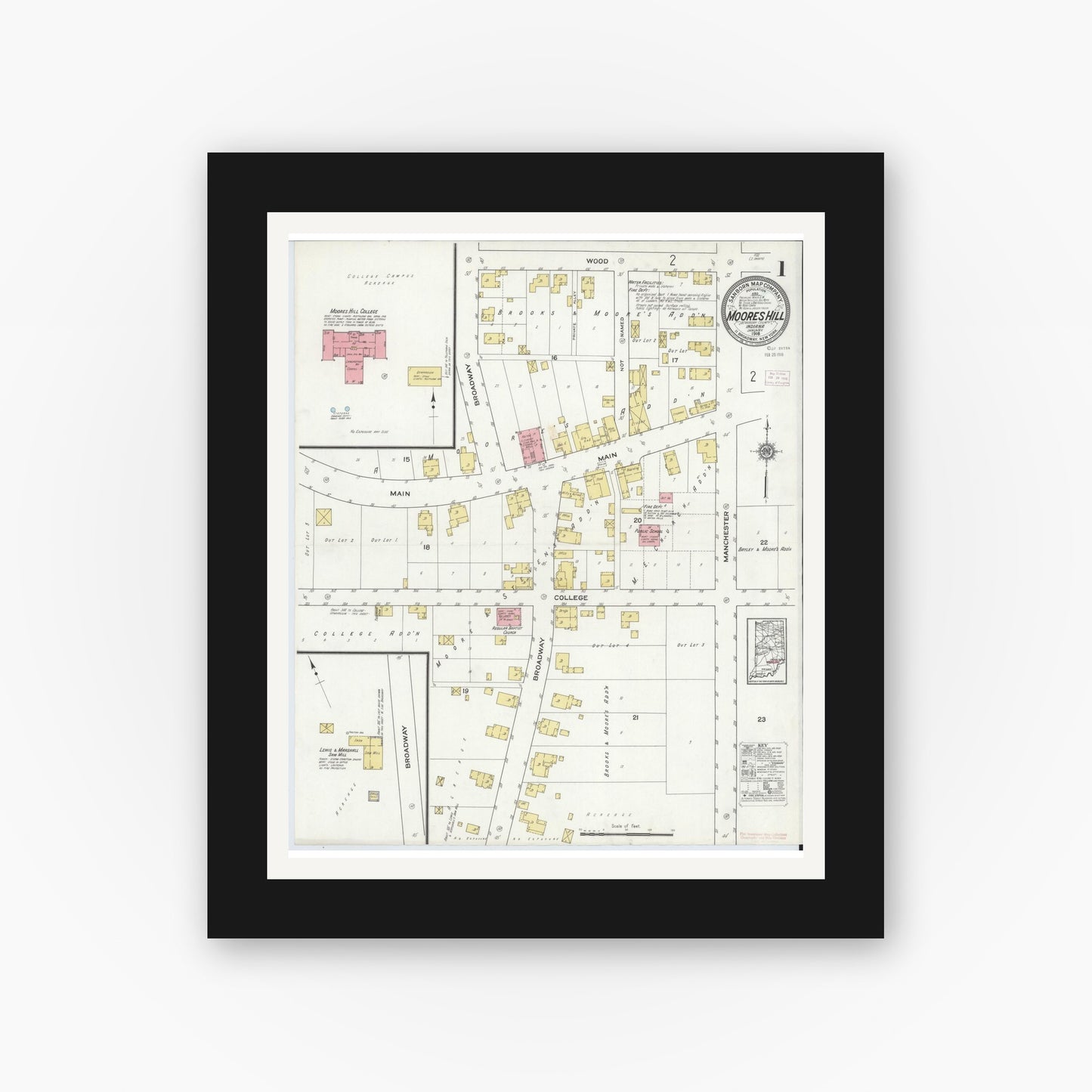 Old map wall art mockup — black gallery frame with white mat — Sanborn Fire Insurance Map from Moores Hill, Dearborn County, Indiana (1916) - Complete Map Set