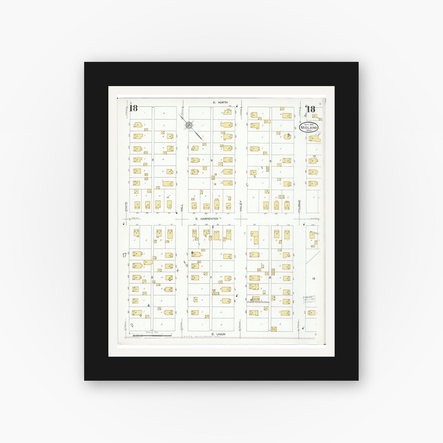 Old map wall art mockup — black gallery frame with white mat — Sanborn Fire Insurance Map from Midland, Midland County, Michigan (1926), Sheet #0018