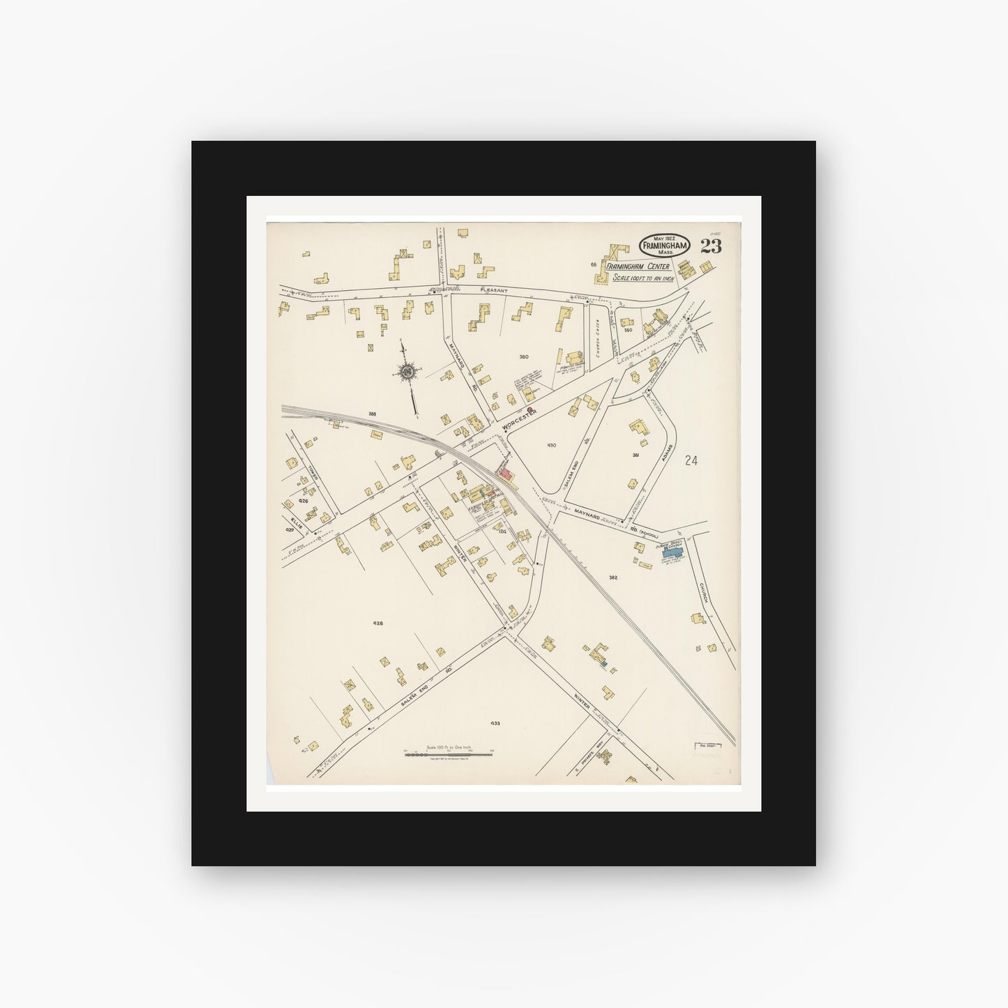 Old map wall art mockup — black gallery frame with white mat — Sanborn Fire Insurance Map from Framingham, Middlesex County, Massachusetts (1922), Sheet #0023