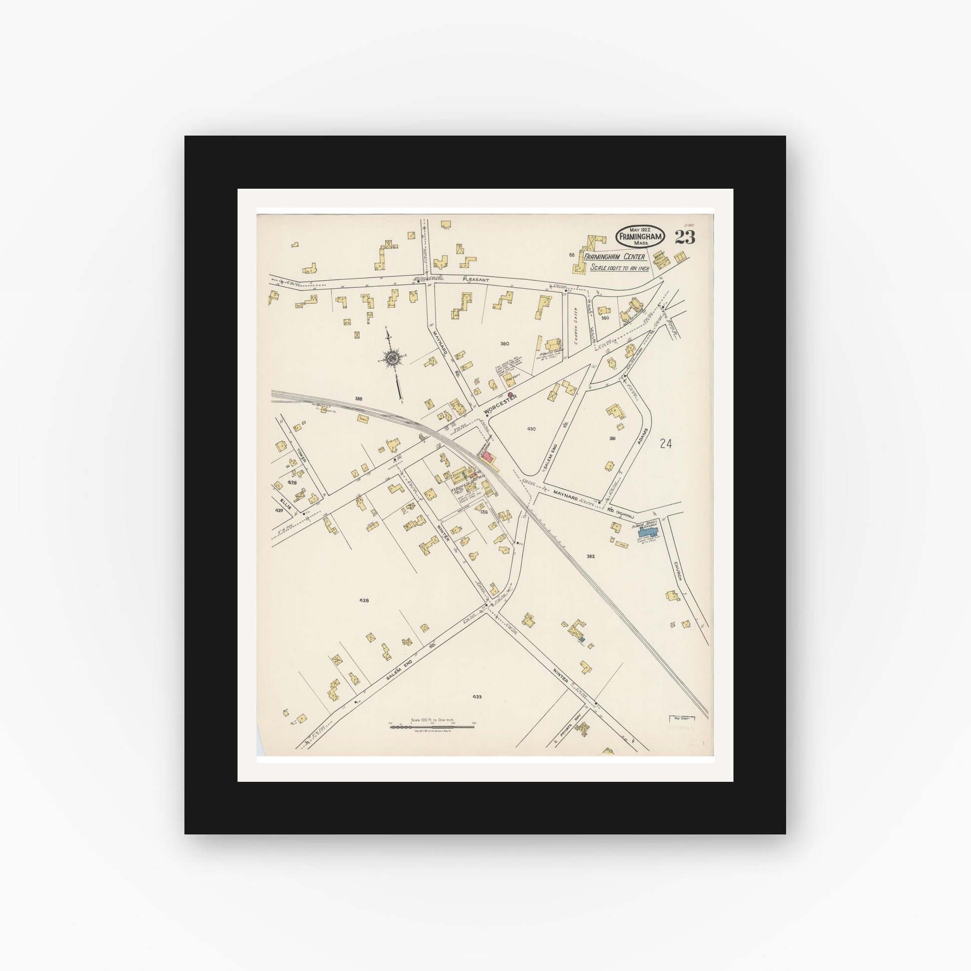 Old map wall art mockup — black gallery frame with white mat — Sanborn Fire Insurance Map from Framingham, Middlesex County, Massachusetts (1922), Sheet #0023