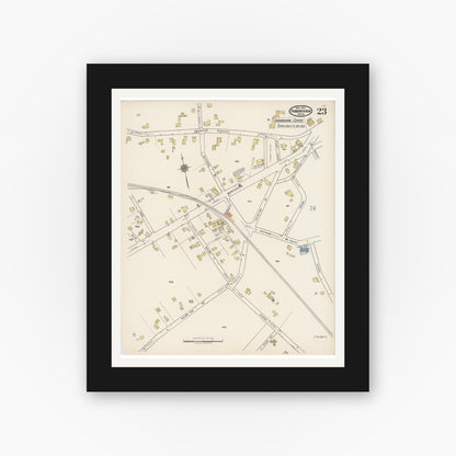 Old map wall art mockup — black gallery frame with white mat — Sanborn Fire Insurance Map from Framingham, Middlesex County, Massachusetts (1922), Sheet #0023