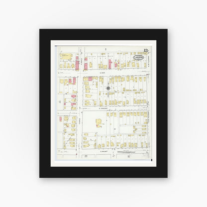 Old map wall art mockup — black gallery frame with white mat — Sanborn Fire Insurance Map from Lancaster, Fairfield County, Ohio (1919), Sheet #0013