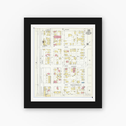 Old map wall art mockup — black gallery frame with white mat — Sanborn Fire Insurance Map from Ironton, Lawrence County, Ohio (1916), Sheet #0013