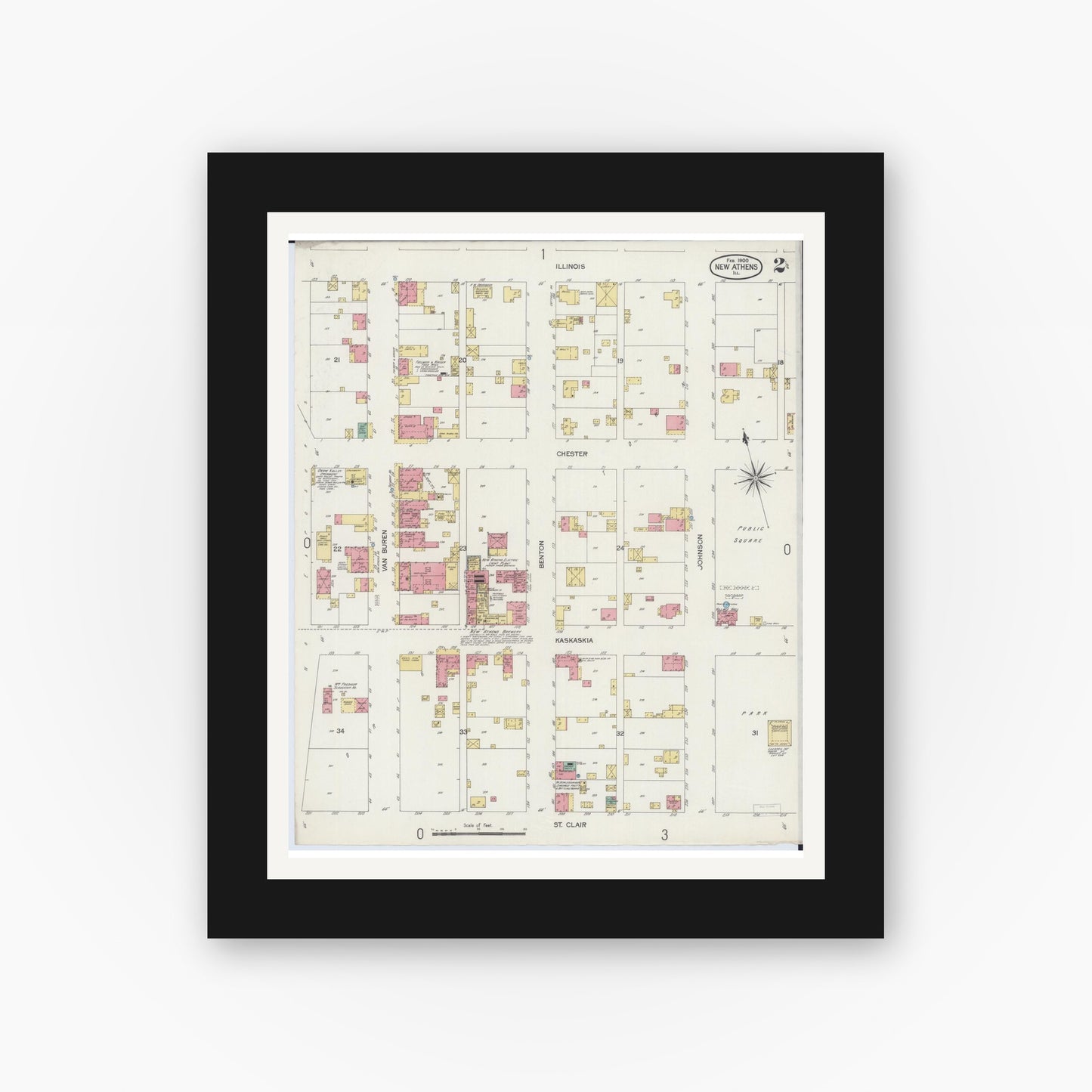 Old map wall art mockup — black gallery frame with white mat — Sanborn Fire Insurance Map from New Athens, Saint Clair County, Illinois (1900), Sheet #0002