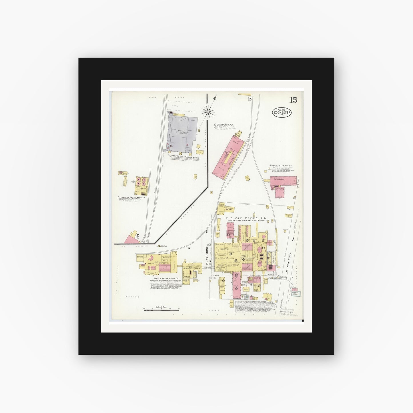 Old map wall art mockup — black gallery frame with white mat — Sanborn Fire Insurance Map from Rochester, Beaver County, Pennsylvania (1908), Sheet #0015