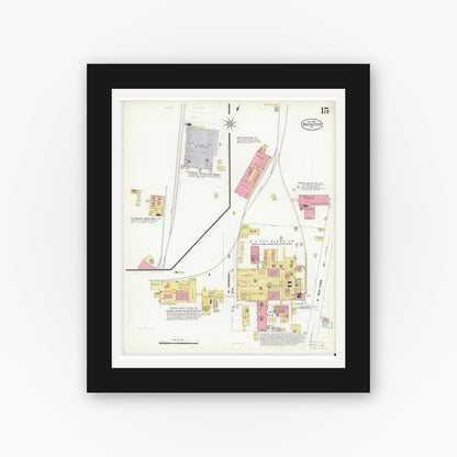 Old map wall art mockup — black gallery frame with white mat — Sanborn Fire Insurance Map from Rochester, Beaver County, Pennsylvania (1908), Sheet #0015