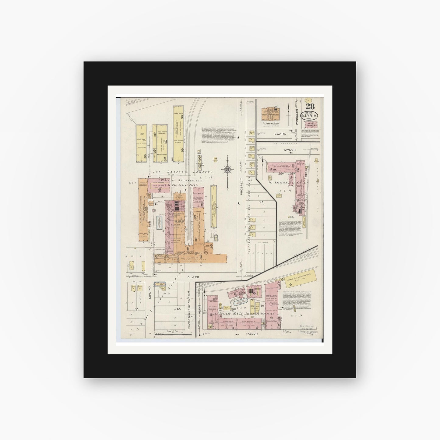 Old map wall art mockup — black gallery frame with white mat — Sanborn Fire Insurance Map from Elyria, Lorain County, Ohio (1915), Sheet #0028